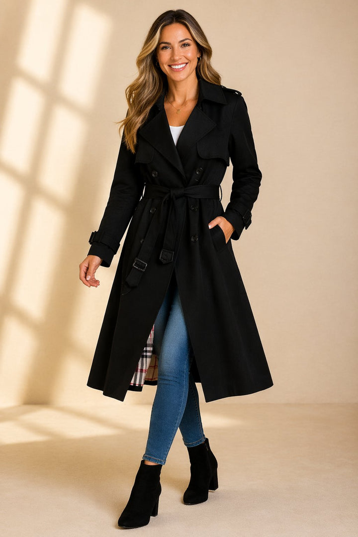 Women's Belted Longline Trench Coat with Buckle Cuffs