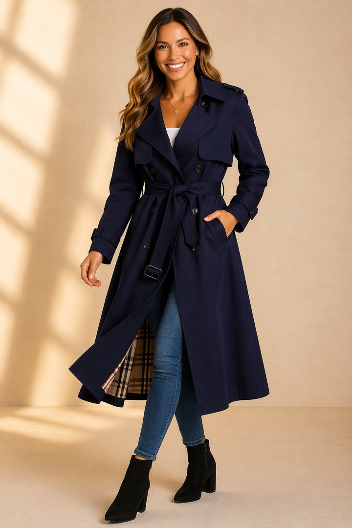 Women's Belted Longline Trench Coat with Buckle Cuffs