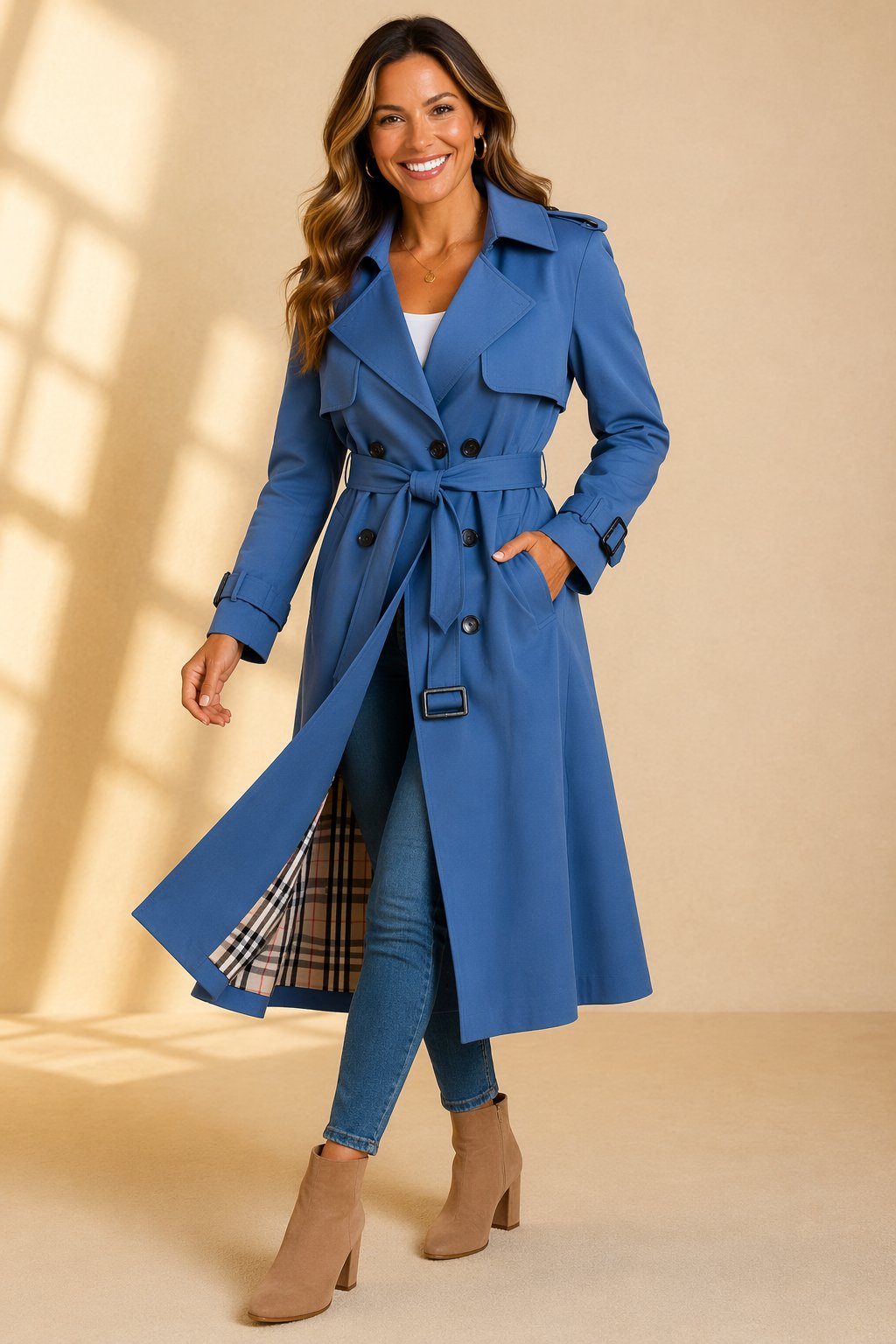 Women's Belted Longline Trench Coat with Buckle Cuffs