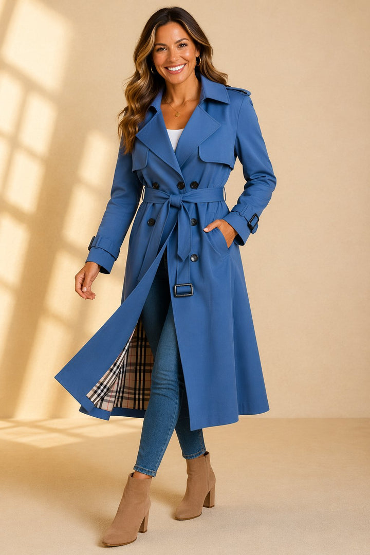 Women's Belted Longline Trench Coat with Buckle Cuffs