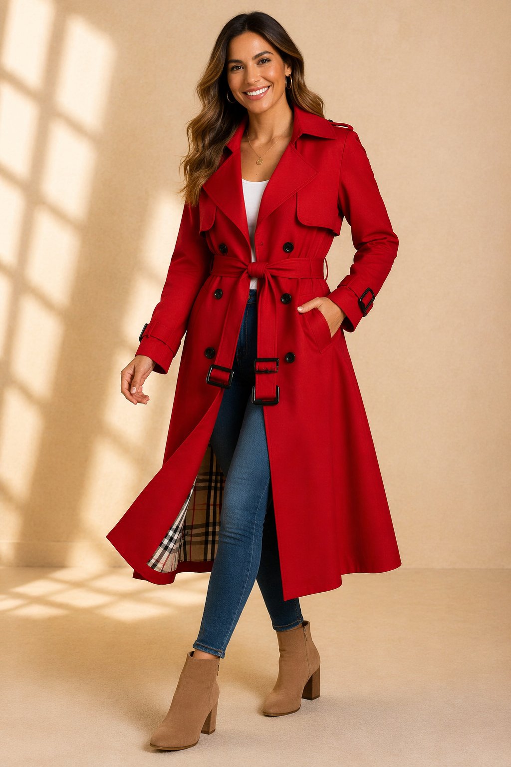 Women's Belted Longline Trench Coat with Buckle Cuffs