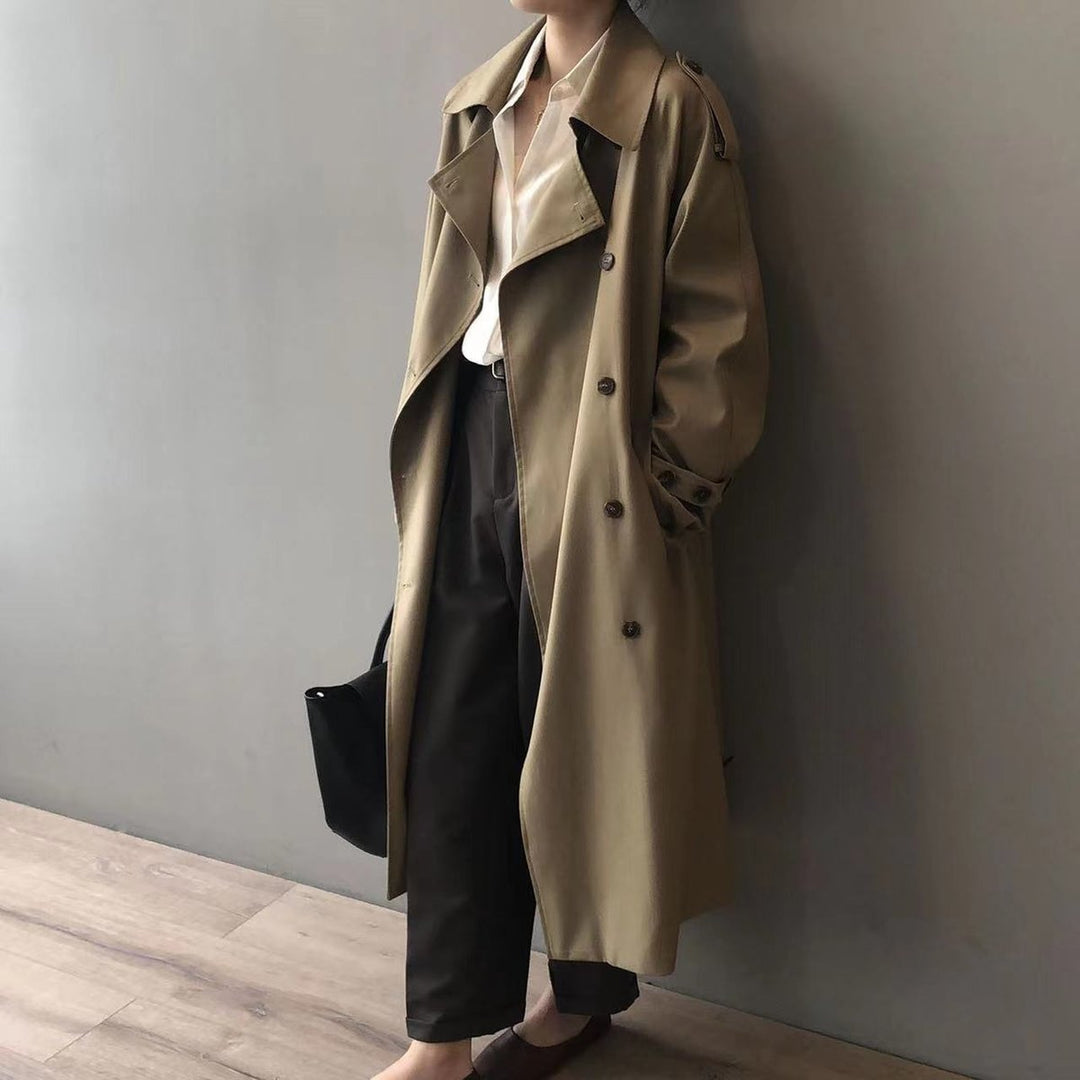 Women's Double-Breasted Trench Coat with Belted Cuffs