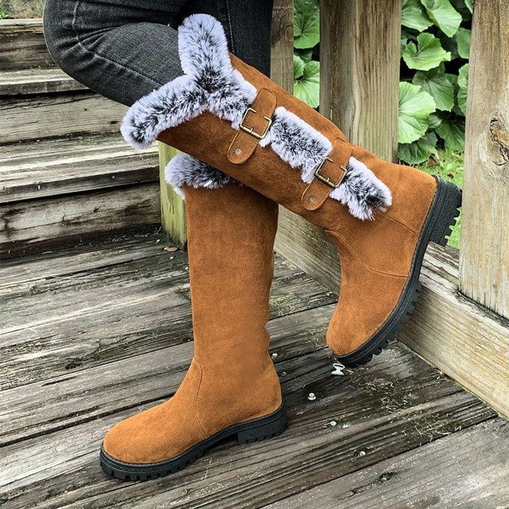 Women's Suede Knee-High Snow Boots with Fur Trim