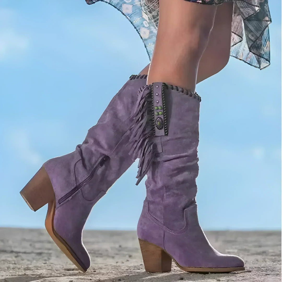Women's Suede Knee-High Boots with Fringe Trim