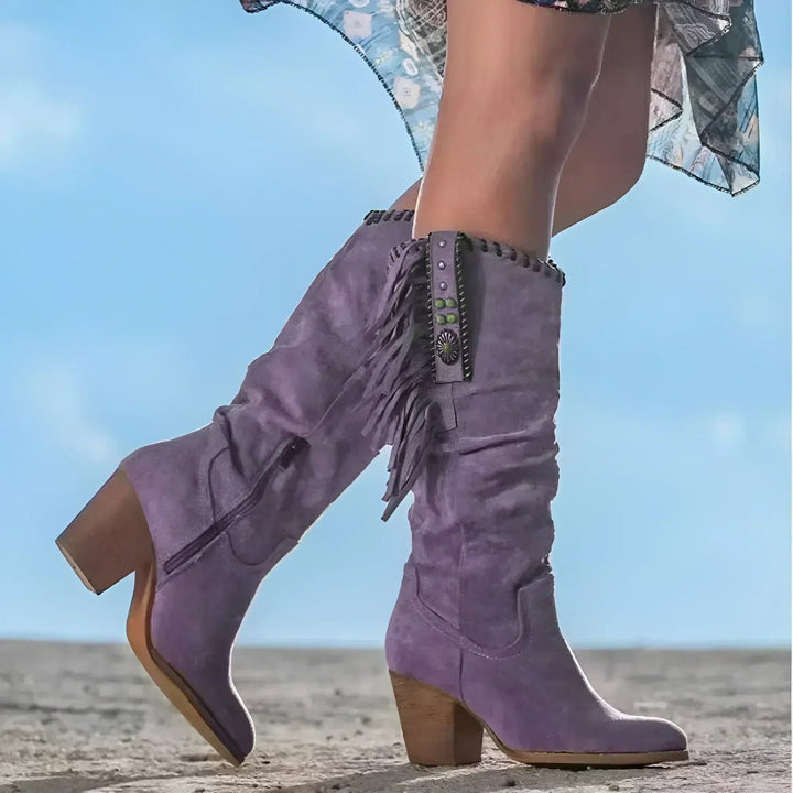 Women's Suede Knee-High Boots with Fringe Trim