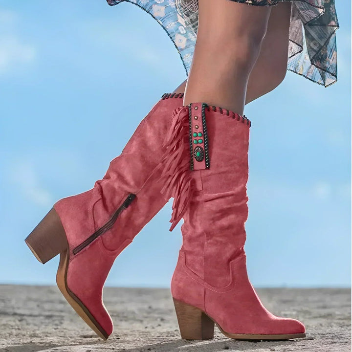 Women's Suede Knee-High Boots with Fringe Trim