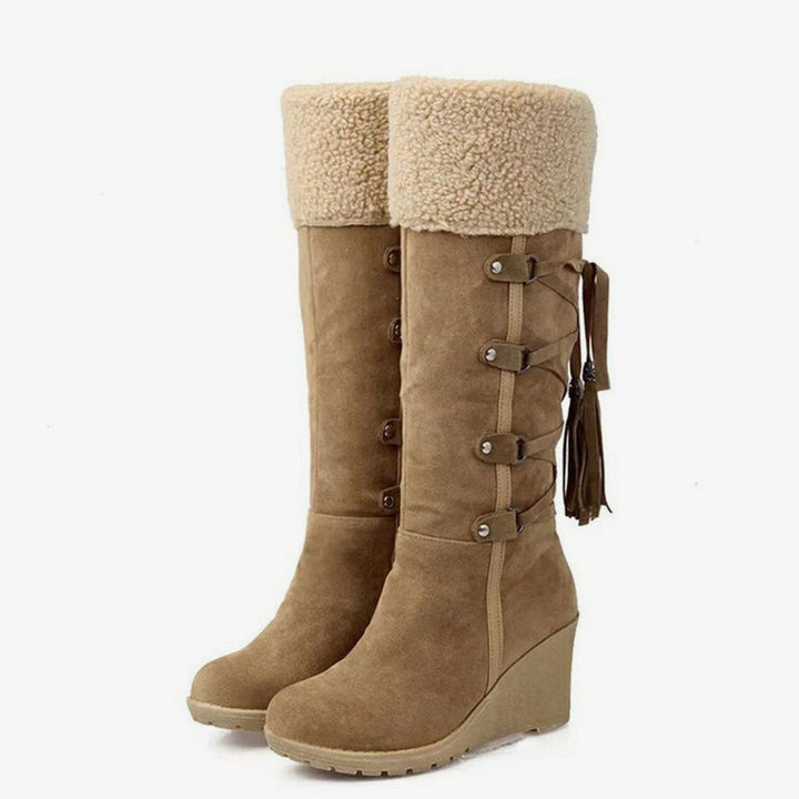 Women's Suede Wedge Knee-High Boots with Tassel Trim