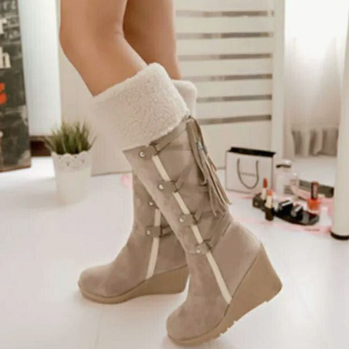 Women's Suede Wedge Knee-High Boots with Tassel Trim
