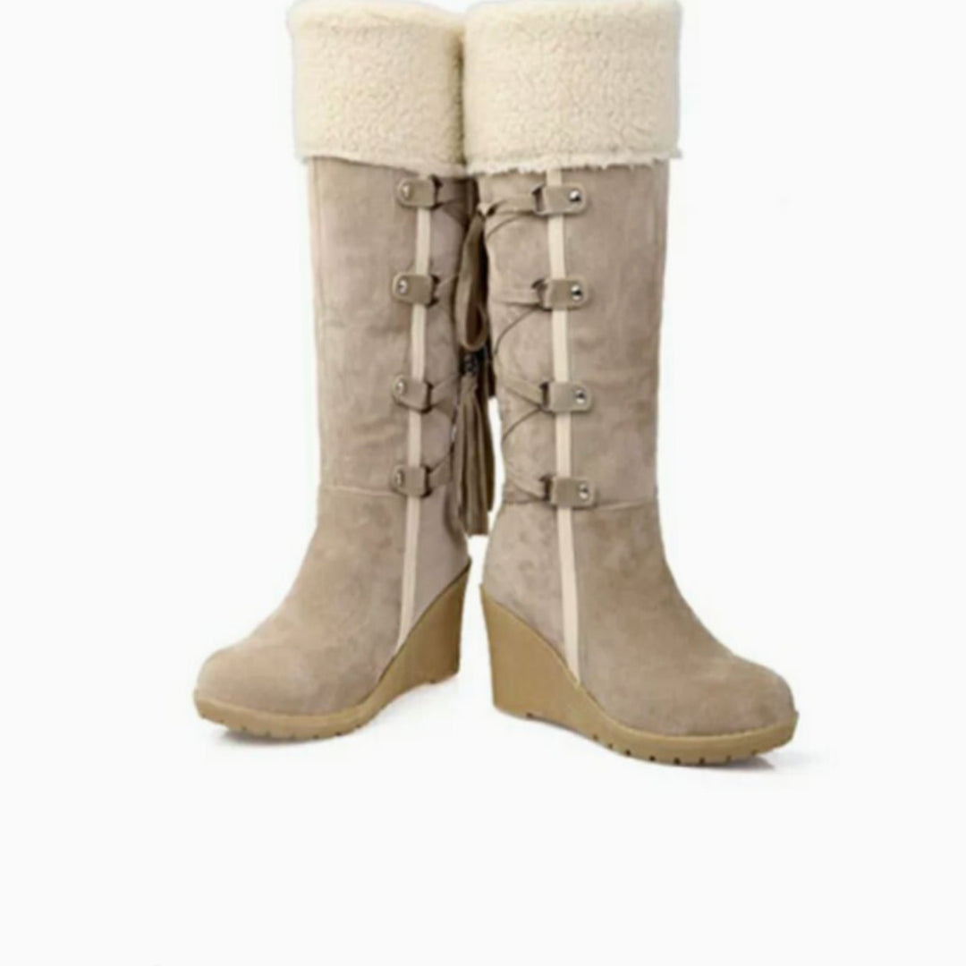 Women's Suede Wedge Knee-High Boots with Tassel Trim