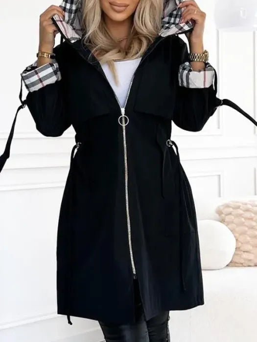 Women's Hooded Zip-Up Jacket with Drawstring Waist