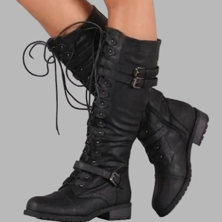 Women's Buckle Strap Lace-Up Knee-High Combat Boots