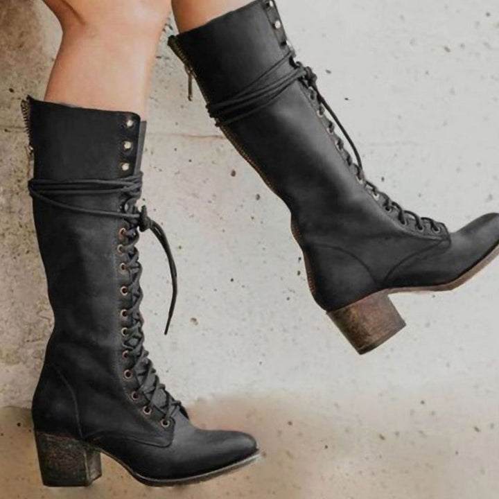 Women's Leather Lace-Up Knee-High Boots with Block Heel