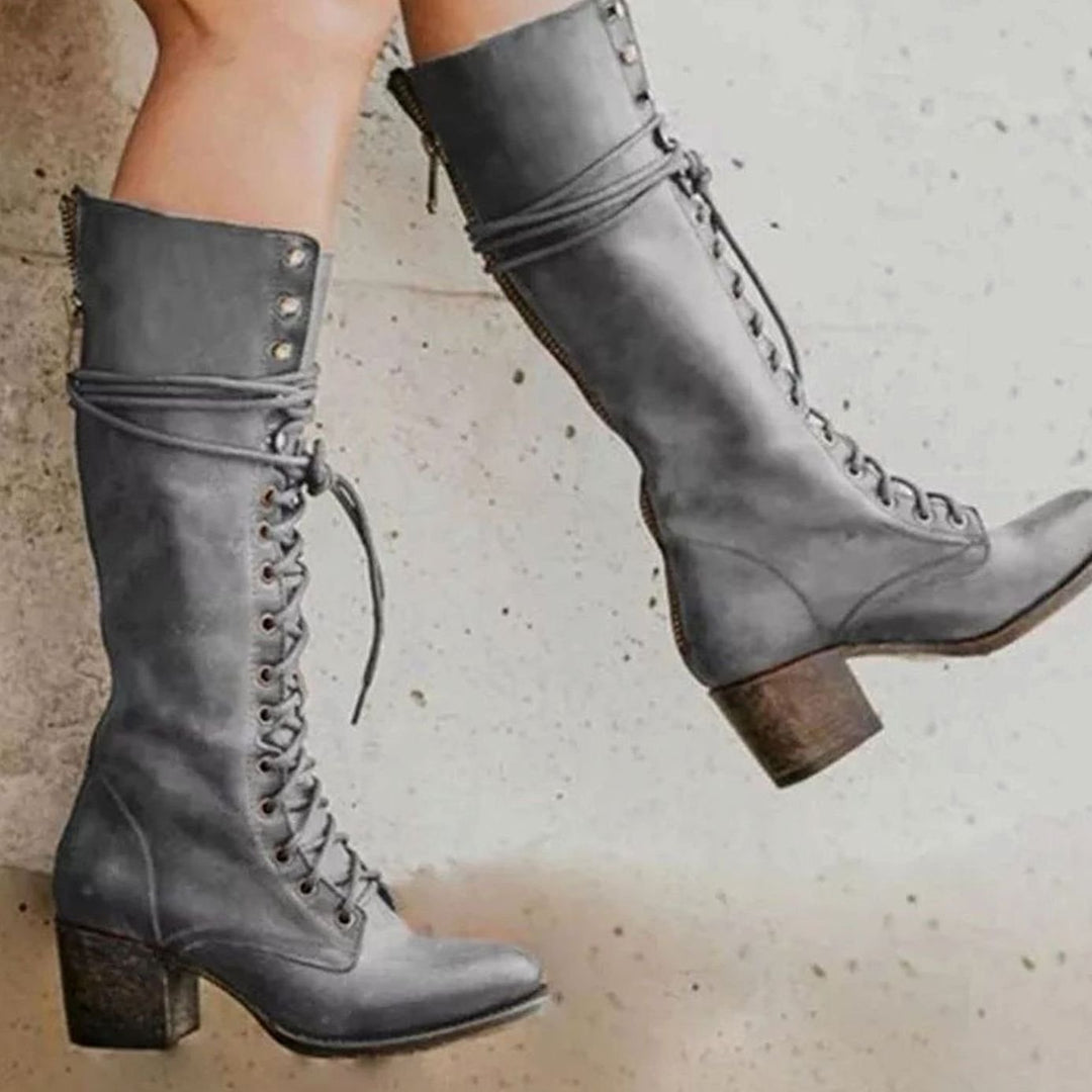 Women's Leather Lace-Up Knee-High Boots with Block Heel