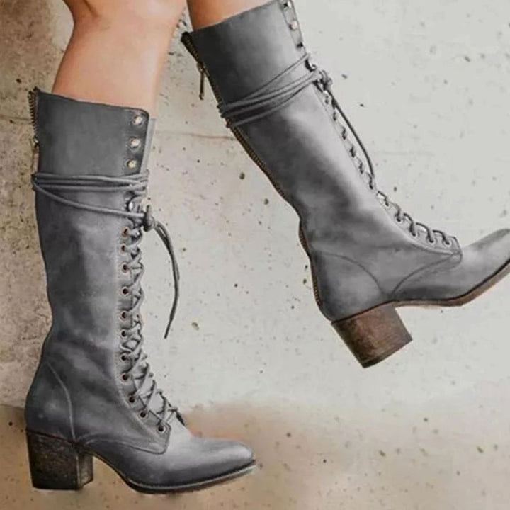 Women's Leather Lace-Up Knee-High Boots with Block Heel