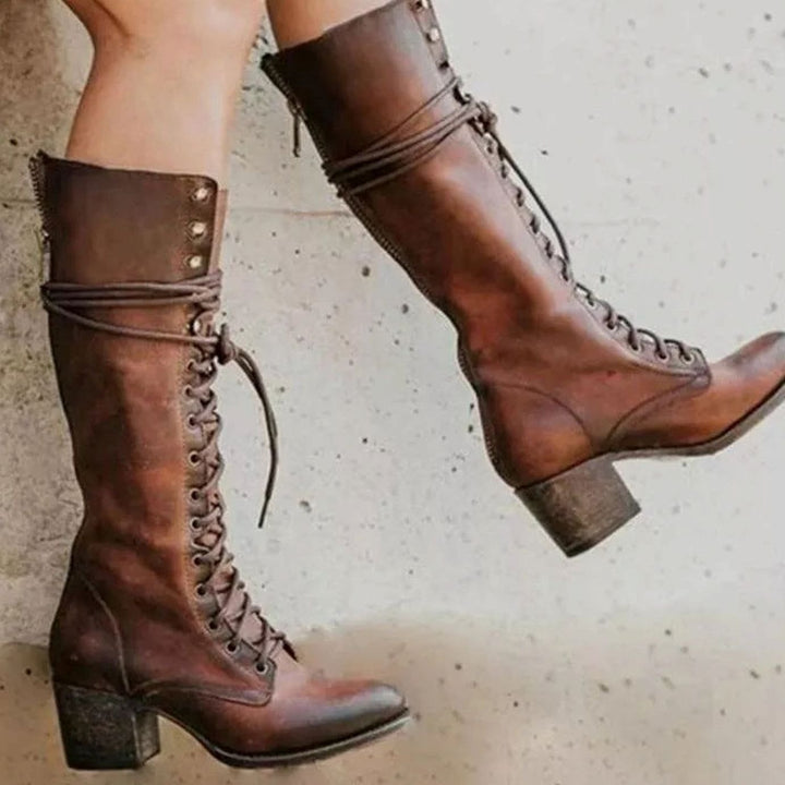 Women's Leather Lace-Up Knee-High Boots with Block Heel