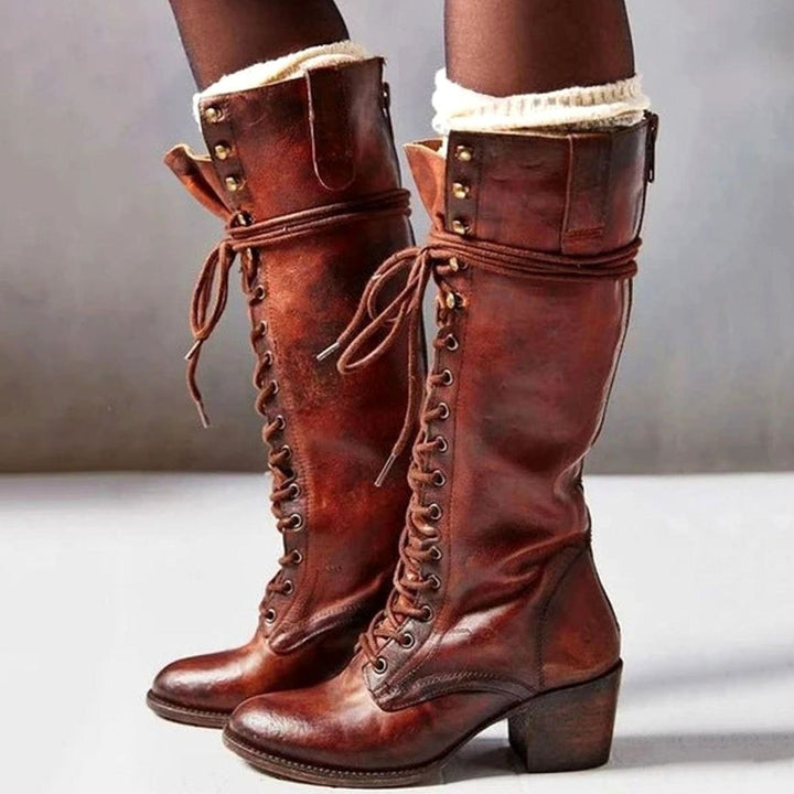 Women's Leather Lace-Up Knee-High Boots with Block Heel