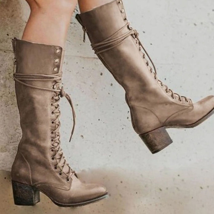 Women's Leather Lace-Up Knee-High Boots with Block Heel
