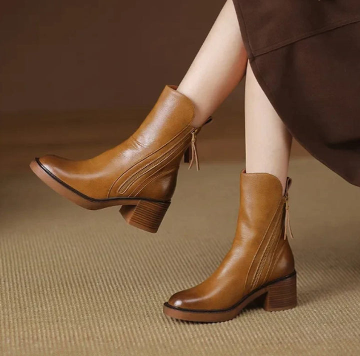 Women's Leather Block Heel Ankle Boots