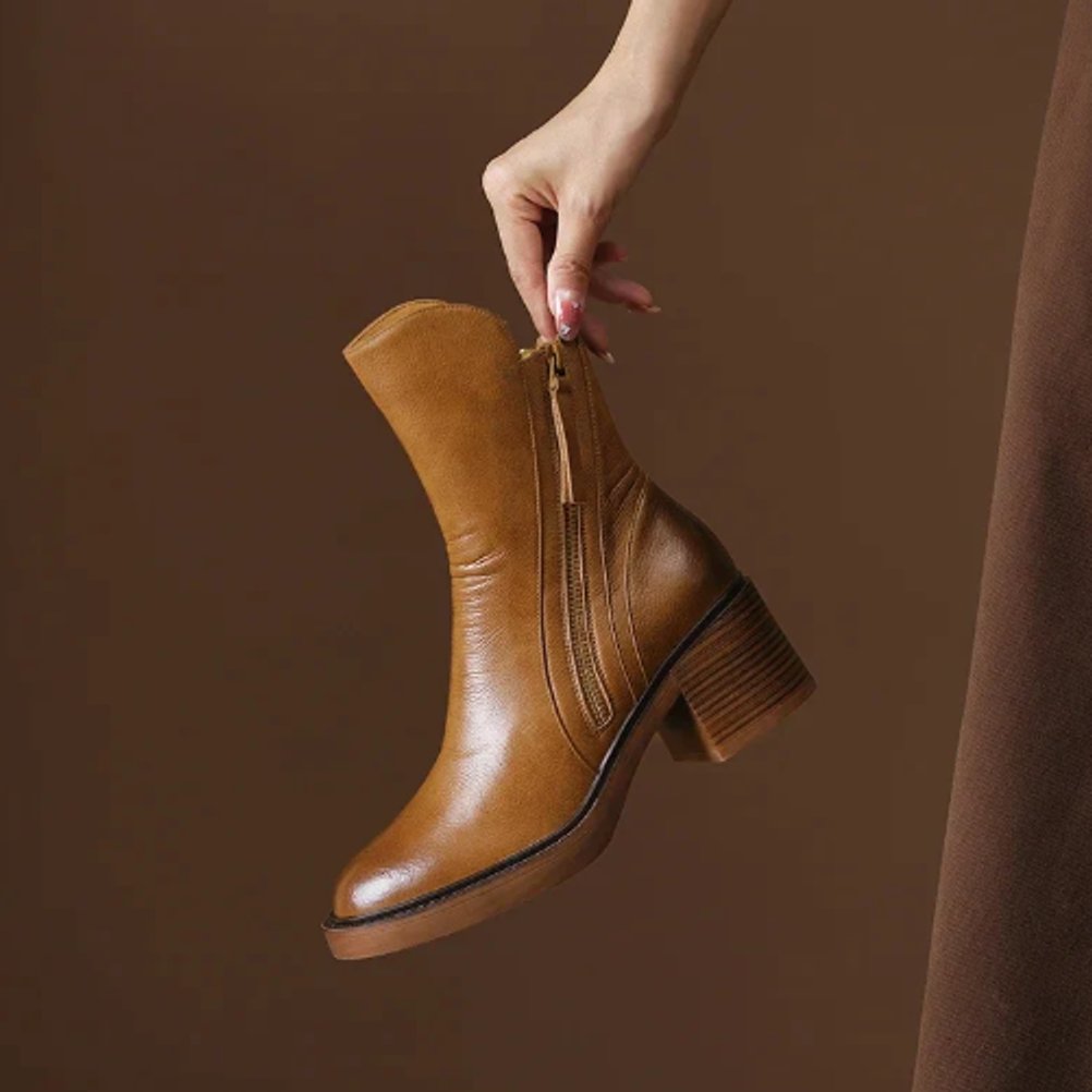 Women's Leather Block Heel Ankle Boots