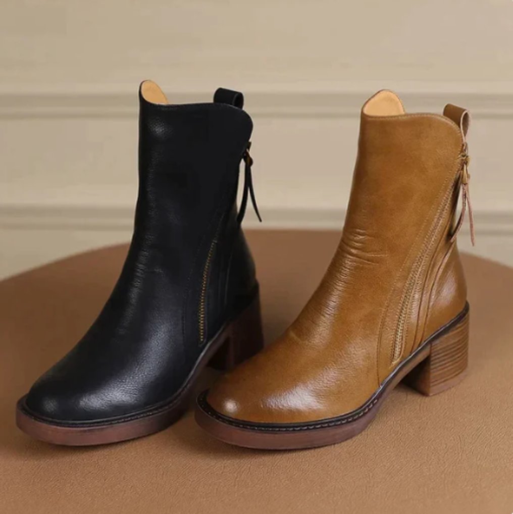 Women's Leather Block Heel Ankle Boots
