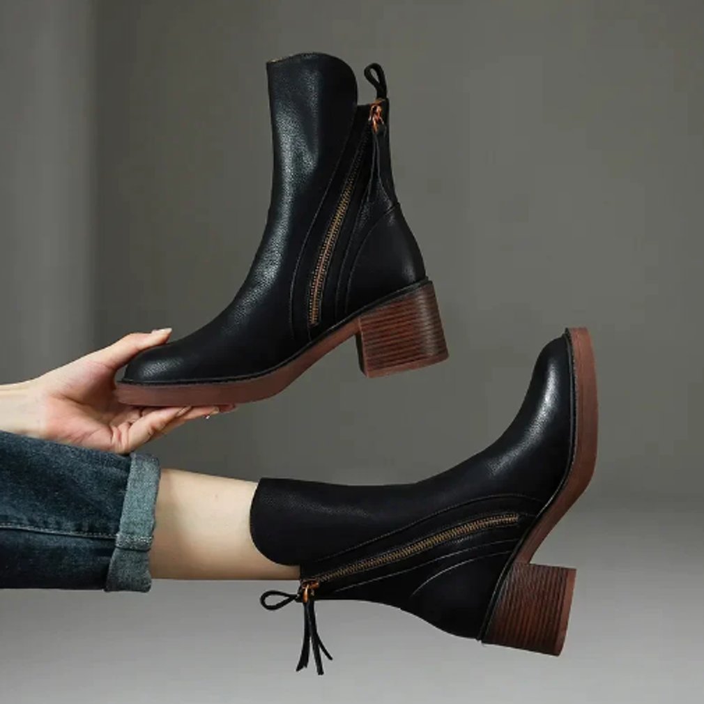Women's Leather Block Heel Ankle Boots