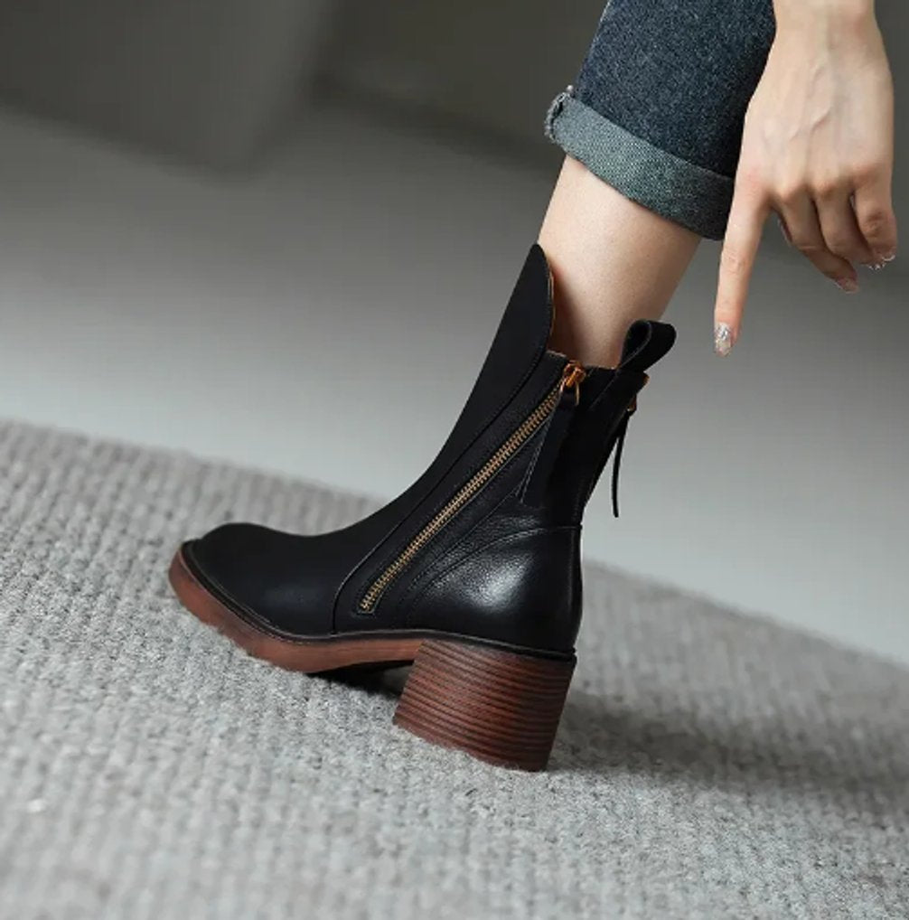Women's Leather Block Heel Ankle Boots