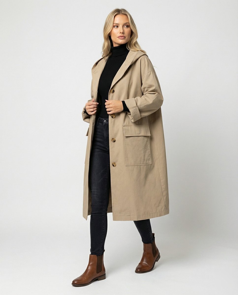 Women's Hooded Longline Coat with Patch Pockets