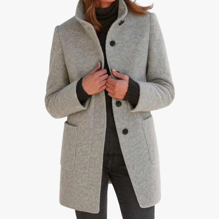 Women's Stand Collar Knee-Length Coat with Patch Pockets