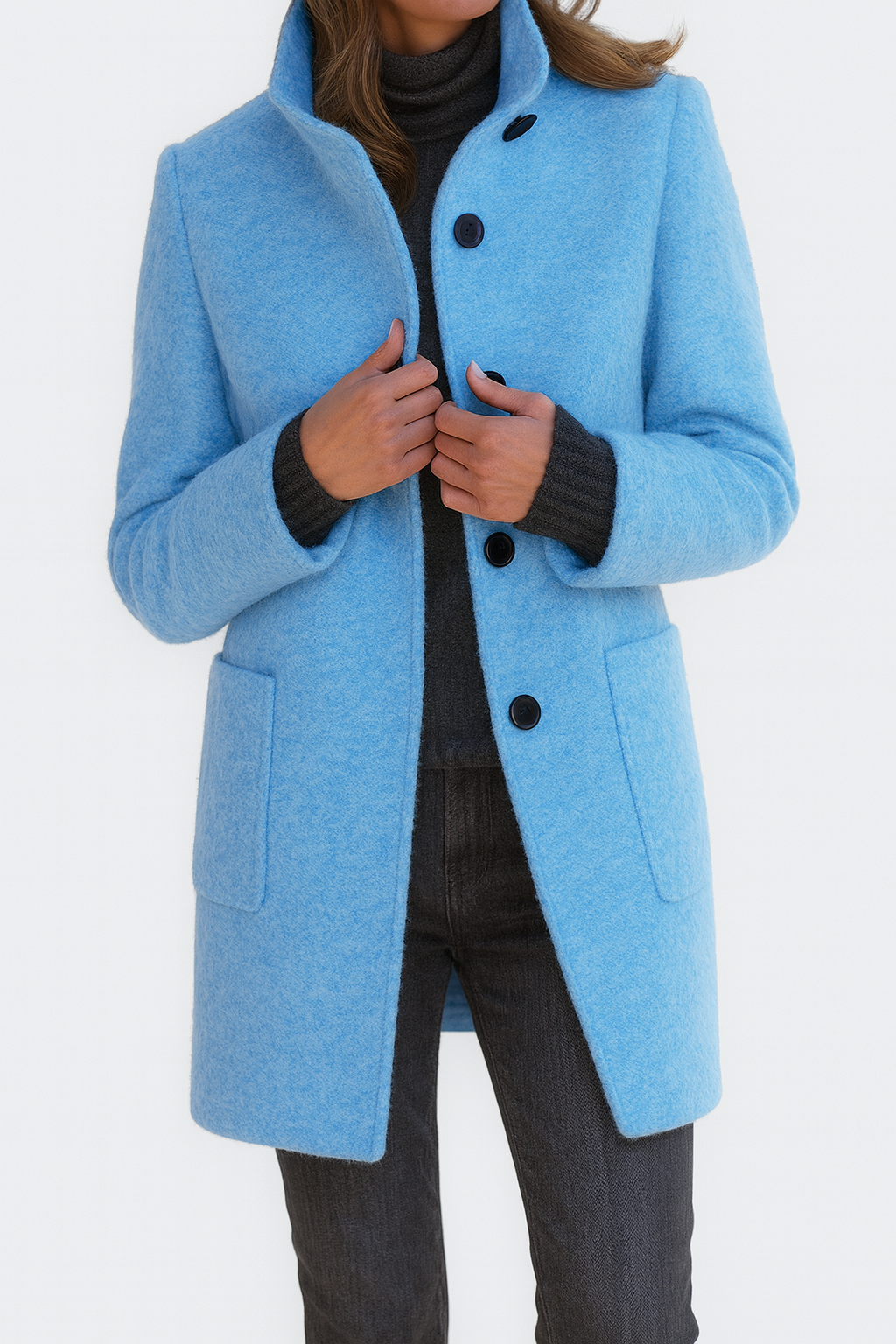 Women's Stand Collar Knee-Length Coat with Patch Pockets