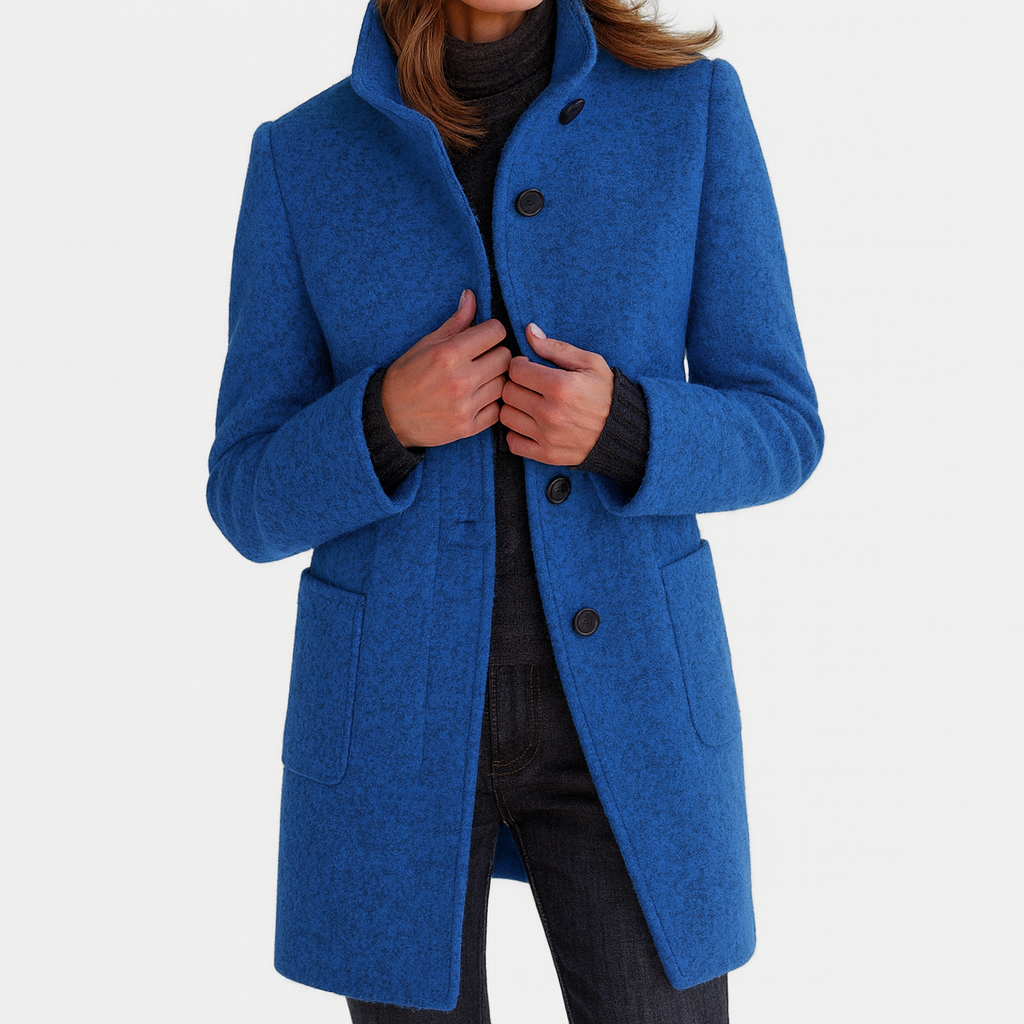 Women's Stand Collar Knee-Length Coat with Patch Pockets
