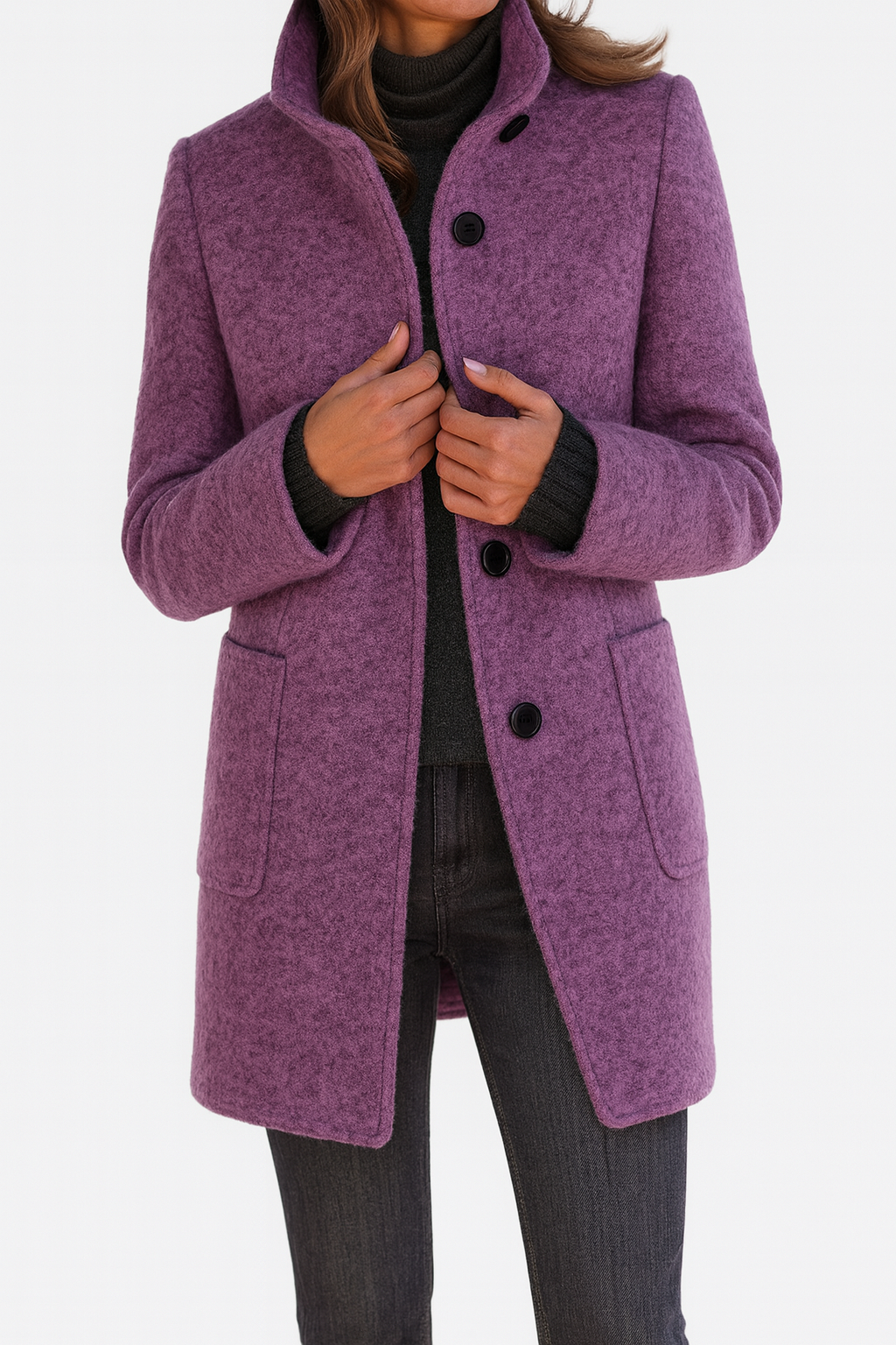 Women's Stand Collar Knee-Length Coat with Patch Pockets