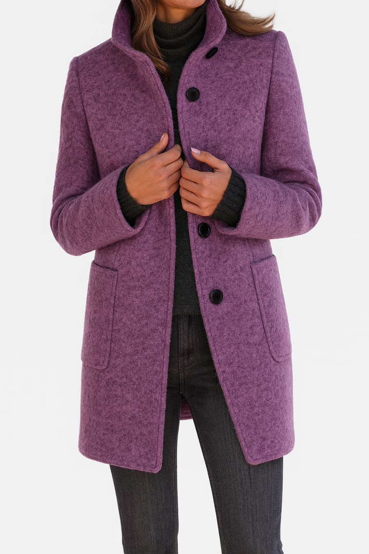 Women's Stand Collar Knee-Length Coat with Patch Pockets