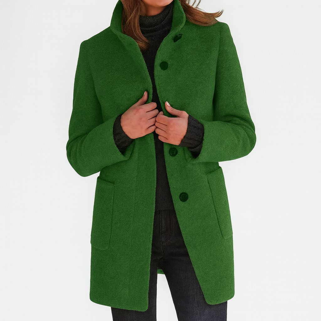 Women's Stand Collar Knee-Length Coat with Patch Pockets