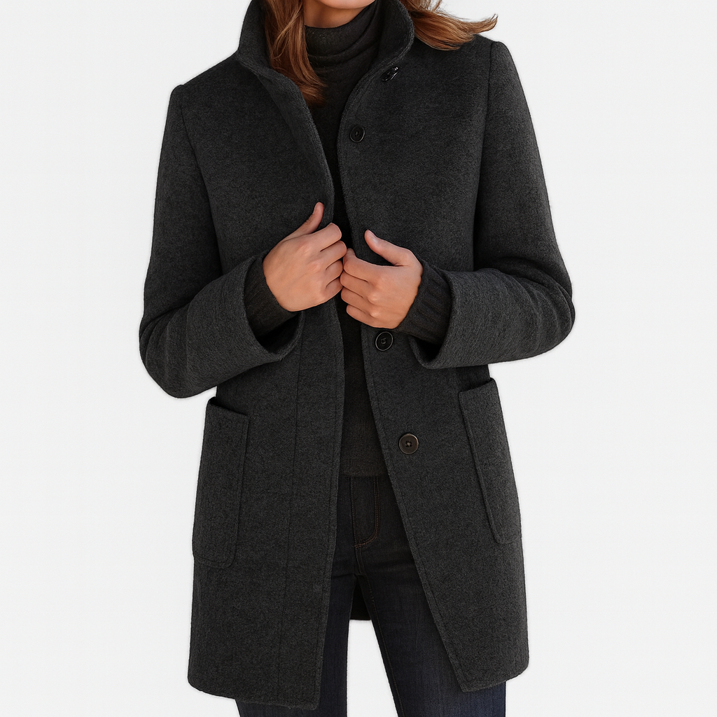 Women's Stand Collar Knee-Length Coat with Patch Pockets
