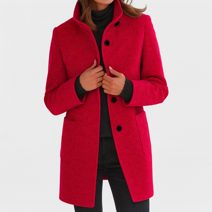 Women's Stand Collar Knee-Length Coat with Patch Pockets
