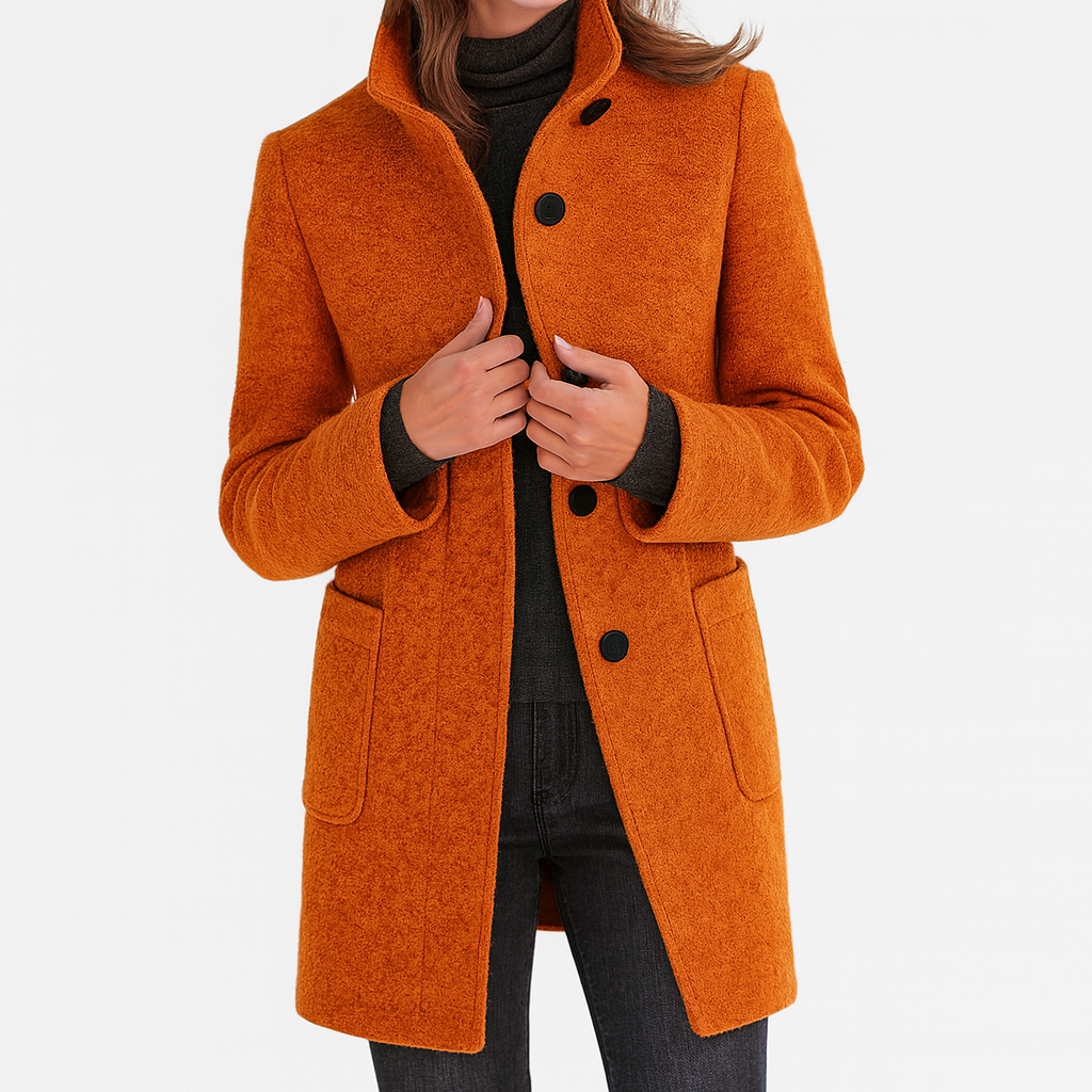 Women's Stand Collar Knee-Length Coat with Patch Pockets
