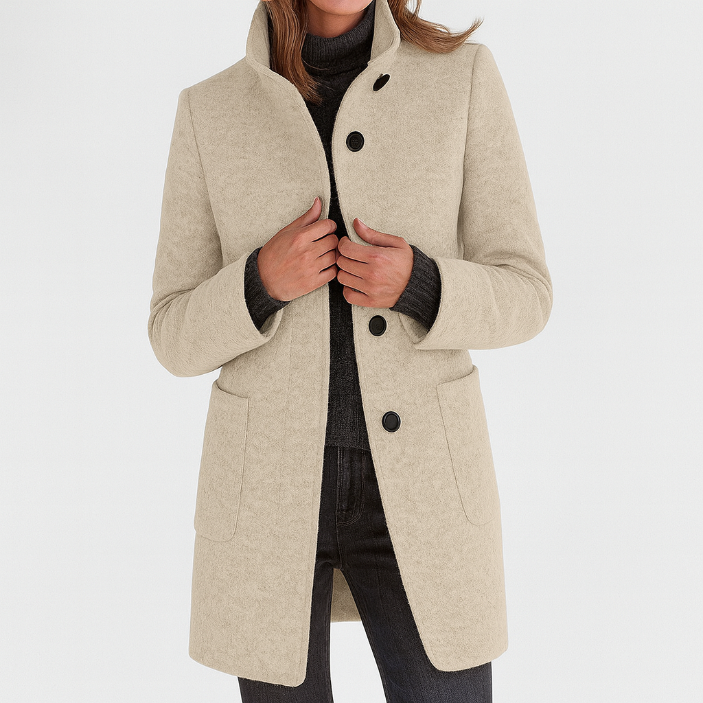 Women's Stand Collar Knee-Length Coat with Patch Pockets