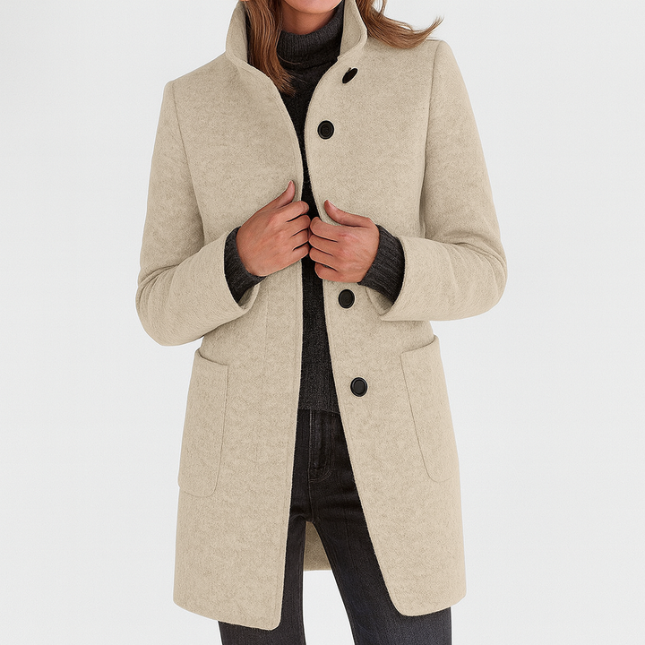Women's Stand Collar Knee-Length Coat with Patch Pockets