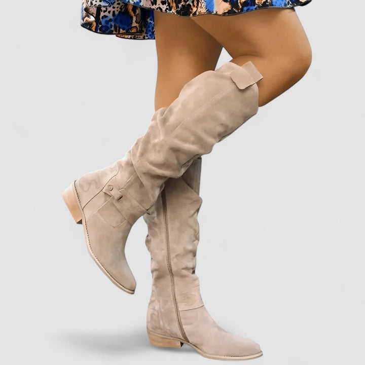 Women's Suede Slouch Over-the-Knee Boots with Buckle Detail