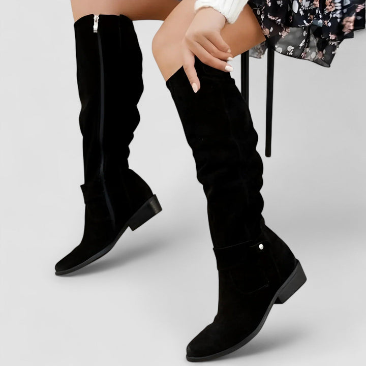 Women's Suede Slouch Over-the-Knee Boots with Buckle Detail