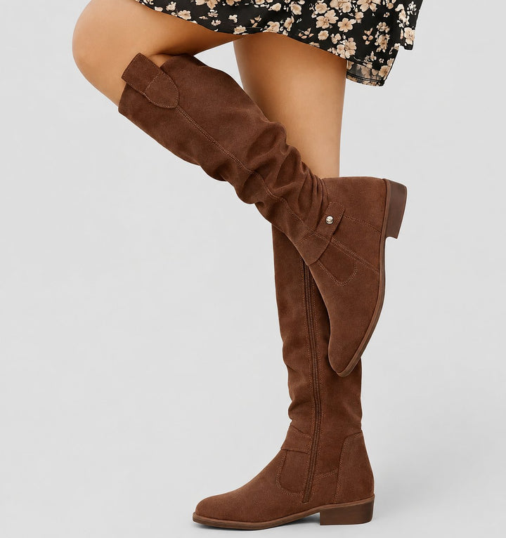 Women's Suede Slouch Over-the-Knee Boots with Buckle Detail