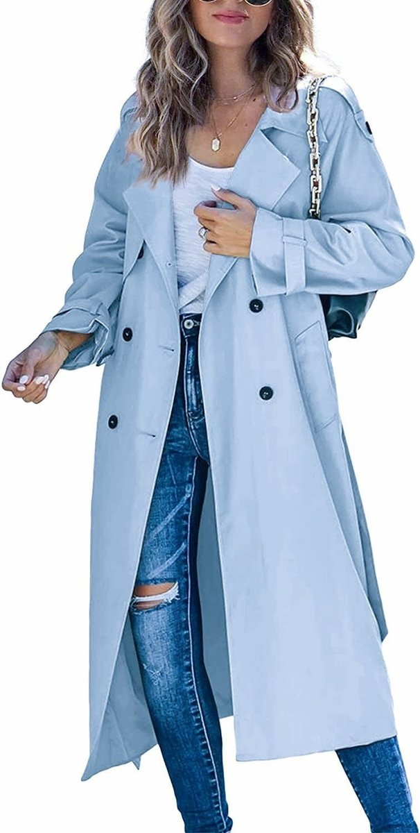 Women's Longline Double-Breasted Trench Coat with Tab Cuffs
