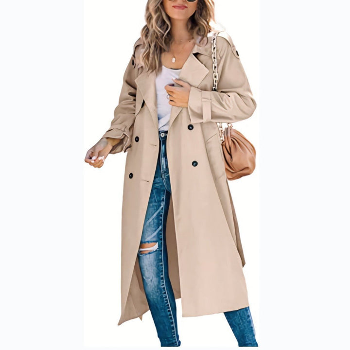 Women's Longline Double-Breasted Trench Coat with Tab Cuffs