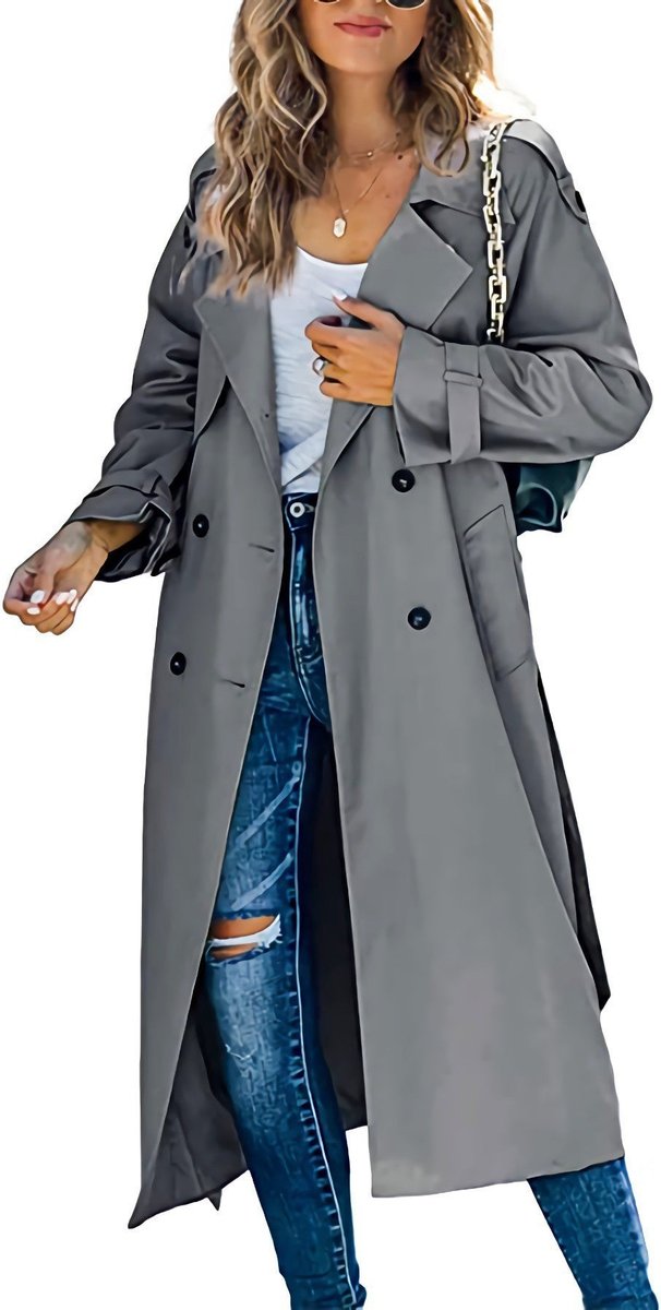 Women's Longline Double-Breasted Trench Coat with Tab Cuffs