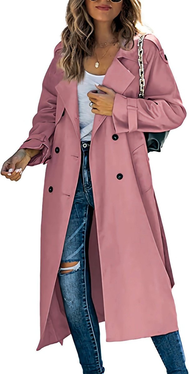 Women's Longline Double-Breasted Trench Coat with Tab Cuffs