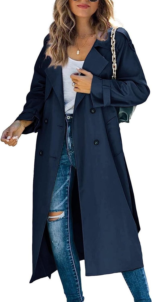 Women's Longline Double-Breasted Trench Coat with Tab Cuffs