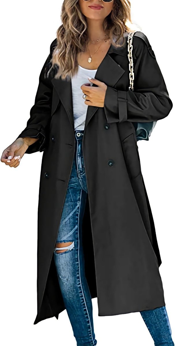 Women's Longline Double-Breasted Trench Coat with Tab Cuffs
