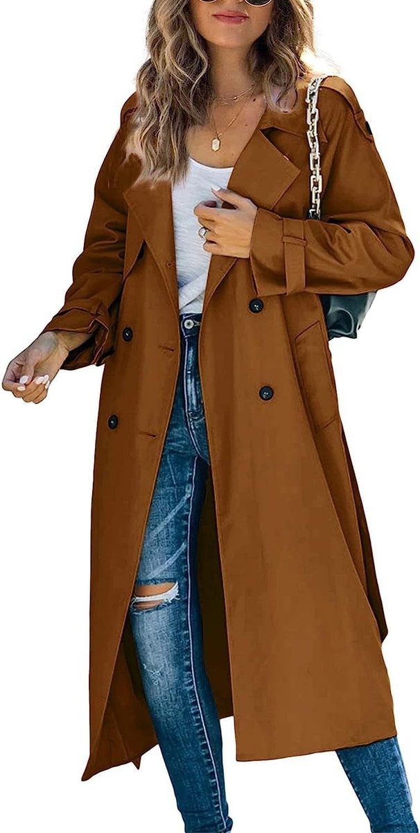 Women's Longline Double-Breasted Trench Coat with Tab Cuffs