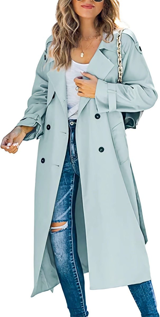 Women's Longline Double-Breasted Trench Coat with Tab Cuffs