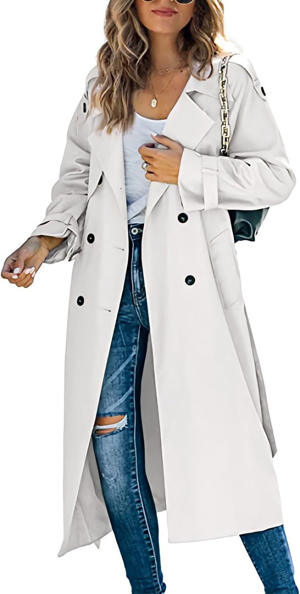 Women's Longline Double-Breasted Trench Coat with Tab Cuffs